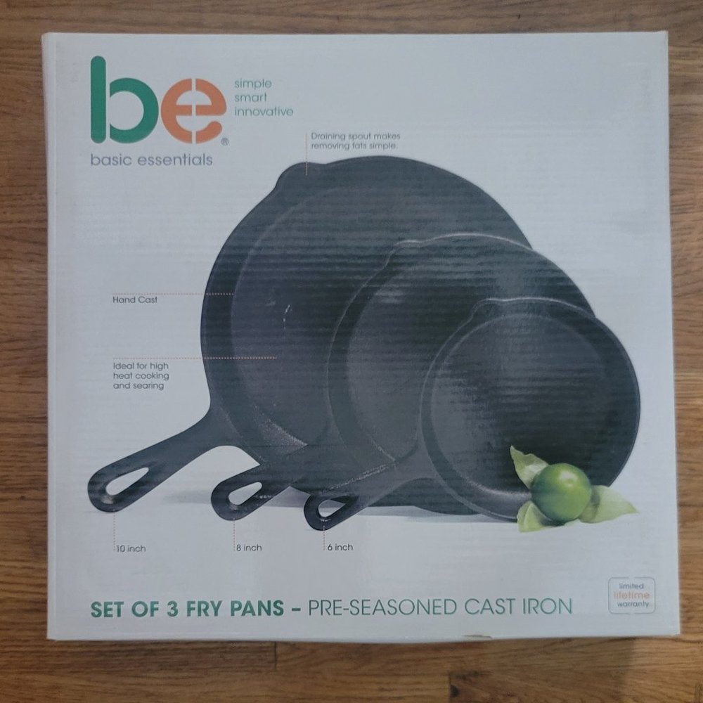 Basic Essentials Set of three frying pans preseason cast-iron 10”, 8”. and 6”
